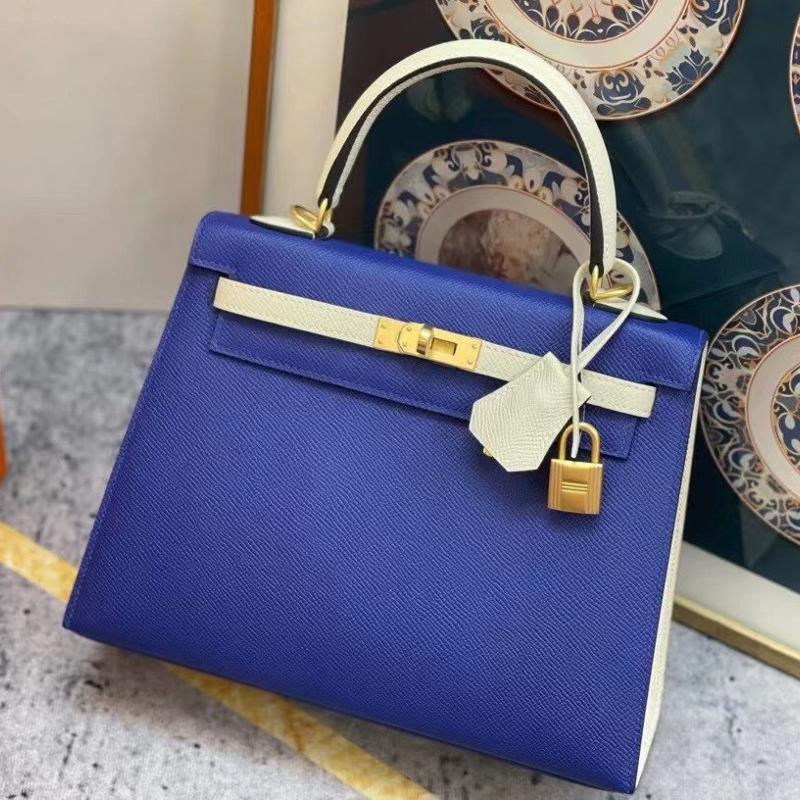 Hermes Kelly 25EP Colored Electric Blue Shake Platinum Button